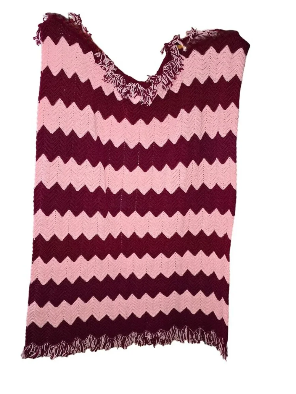 Vintage Handmade Chevron Afghan Blanket Pink Burgundy Fringed Knitted 72